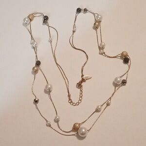 #814. NY Glass & Faux Pearl 2 Strand Gold Toned Necklace